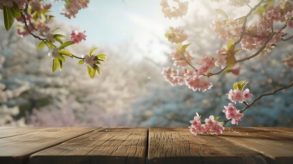wooden table in front of spring blossom tree landscape Product display and presentation : Generative AI