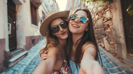 Two young beautiful smiling hipster female in trendy summer dress clothesSexy carefree women posing on the street background Positive models giving air kiss taking Pov selfie : Generative AI