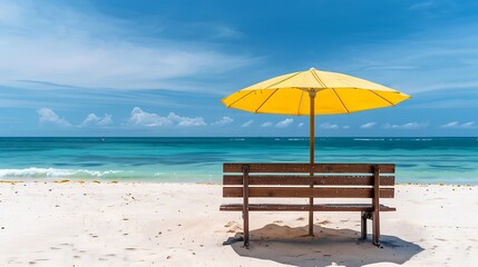 Obraz premium Wooden beach bench under parasol umbrella on tropical island beach Holiday relaxation with turquoise sea and blue sky landscape Summer vacation travel concept : Generative AI