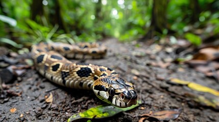 Obraz premium A venomous snake slithering through the forest undergrowth.