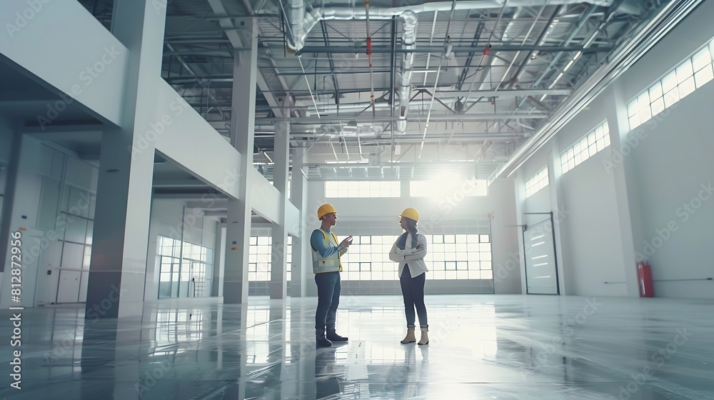 Poster two engineers talking standing in the middle of an empty warehouse inspecting planning future factor