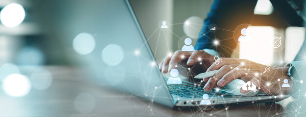 Global business, HR human resources and global outsourcing,  customer relationship management CRM ,Businessman hand shaking with customer connection plan, Teamwork, Strategy, Digital Marketing