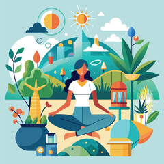A woman sits in a lotus position amidst lush green plants, embodying interconnectedness with nature, A modern interpretation of the interconnectedness of yoga and nature