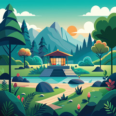 Naklejka premium A painting depicting a vast landscape with towering mountains and lush trees under a clear sky, A peaceful landscape featuring a tranquil yoga studio nestled in nature