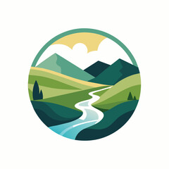 River flows through lush countryside with rolling hills, vibrant greenery, and clear skies, A serene landscape with rolling hills and a calm river, minimalist logo