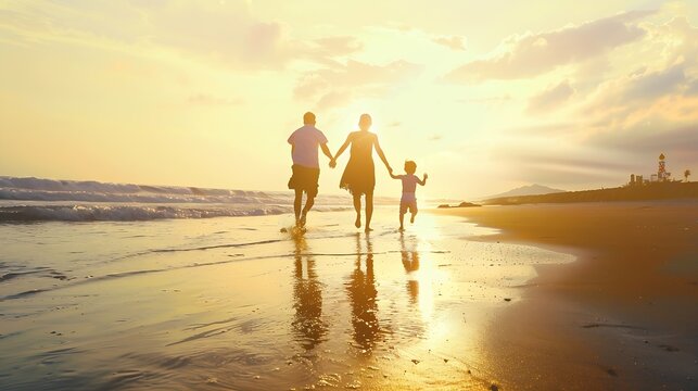 Happy family  father mother baby son hold hands and run with fun along sunset sea surf on black sand beach Active parents and people outdoor activity on tropical summer vacations with  : Generative AI