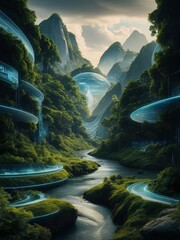 Technology in nature, nature and technology, tech, advanced technology of future, futuristic land,...