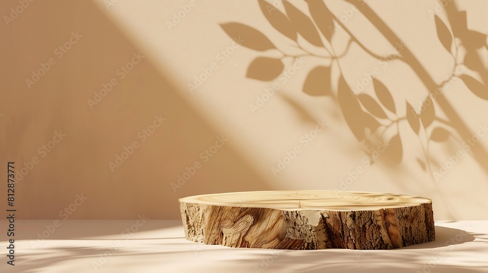 Poster abstract empty wood slice podium with leaves shadows on beige background mock up stand for product p