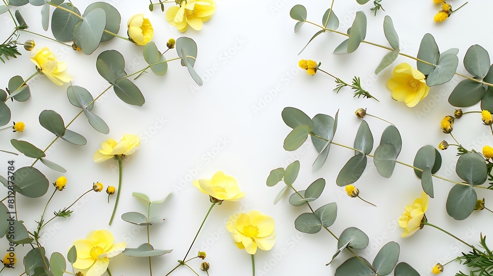 Poster flowers composition yellow flowers eucalyptus branches on white background spring concept flat lay t