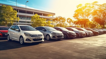 Car parked at outdoor parking lot. Used car for sale and rental service. Car insurance background. Automobile parking area. Car dealership and dealer agent concept. Automotive industry. Electric auto