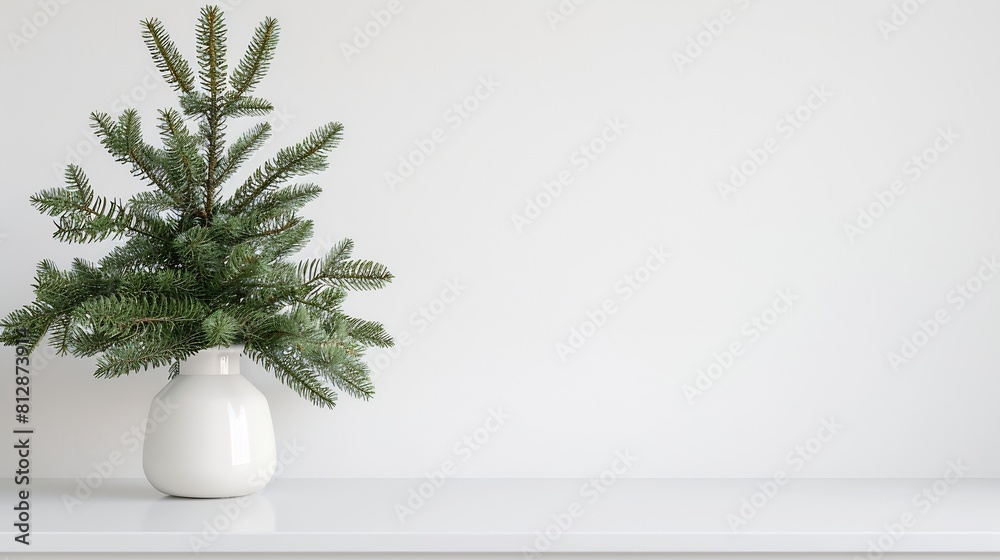 Aufkleber Christmas New Year home decor Empty white wall mock up with green fir branches in a vase on a white table Mock up for displaying works : Generative AI