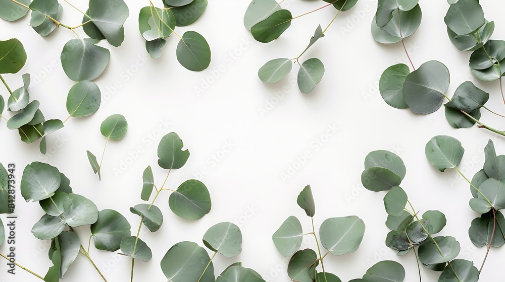 Aufkleber Eucalyptus leaves on white background Frame made of eucalyptus branches Flat lay top view copy space : Generative AI