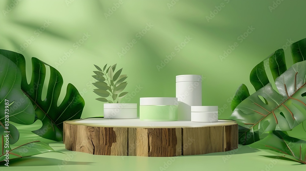 Poster minimal modern product display on green background wood slice podium and green leaves concept scene 