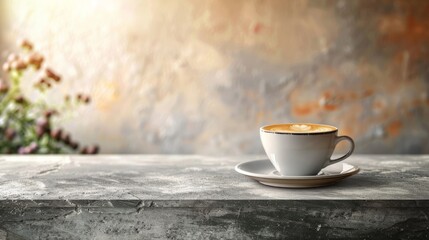 Stone table top with copy space. Coffee shop background hyper realistic 