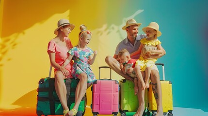 Obraz premium Mom dad and their twin daughters are sitting on luggage ready to travel Happy parents and their children in colorful summer outfits and with packed suitcases waiting for summer vacatio : Generative AI