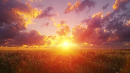 Sunset over the field - Captivating 4K time-lapse: majestic sunrise/sunset landscape with stunning nature's light and rolling colorful clouds, Generative AI hyper realistic 