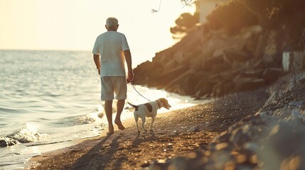 Athletic 60years old man walking together with his dog jack russell terrier by the sea : Generative AI