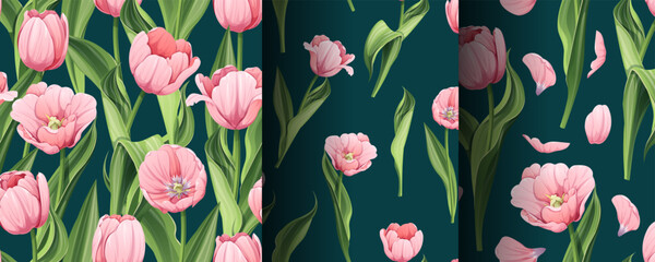 Set of Seamless patterns with spring flowers. Texture with pink tulips and petals. Vector graphics. Great for wallpaper, fabric, cards