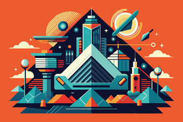 Naklejka premium A stylized illustration of a futuristic city with sleek geometric buildings and advanced technology, A sleek, geometric representation of modern technology, minimalist logo