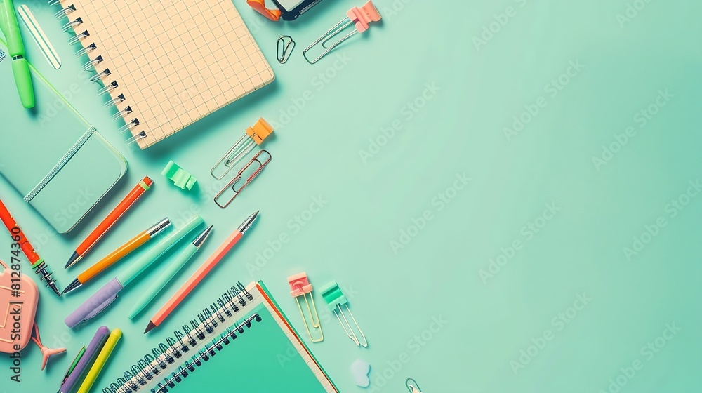 Aufkleber back to school background flat lay top view of school accessories notebook pens on isolated light gr