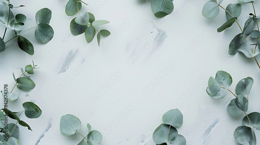 Poster Natural green eucalyptus branches on empty light grey background with copy space Trendy layout with fresh plant Eco spring concept Skin care product advertising Top view minimal compos : Generative AI
