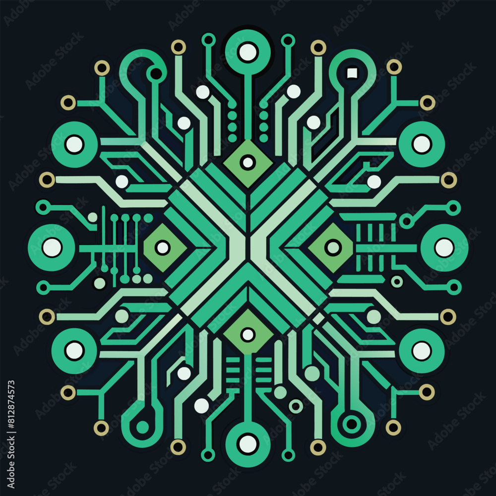 Poster a computer circuit board with a green and white color scheme, showing intricate patterns and connect