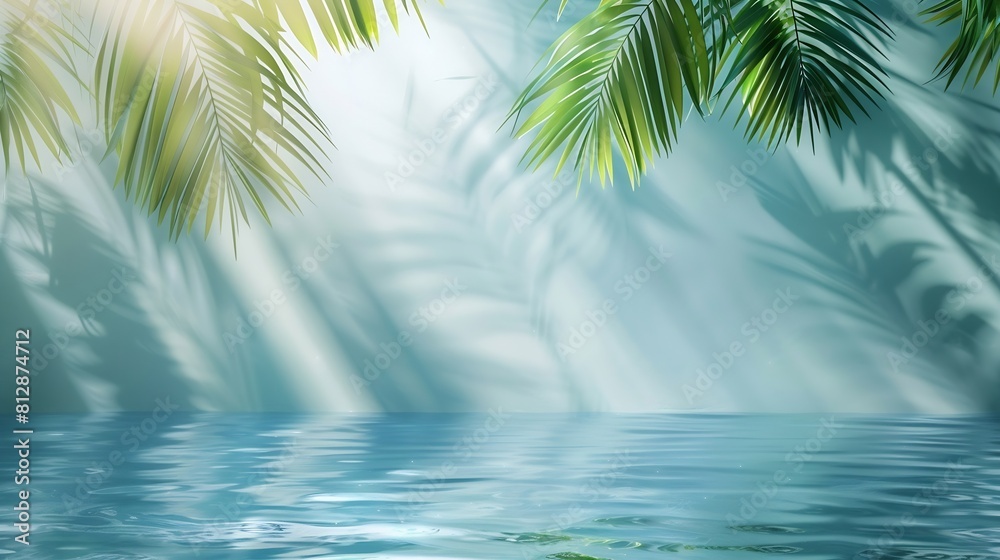 Poster summer backgroundpure water surface texture on blue wall studio with light shadow palm leavesbackdro