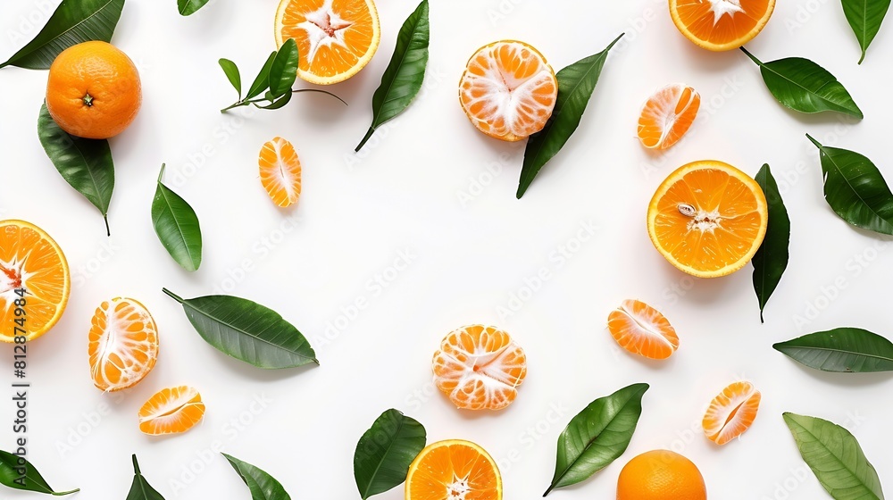 Poster fresh clementine fruit with leaves creative layout isolated on white background healthy eating and f