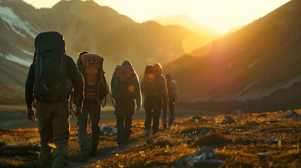 Group of sporty people walks in mountains at sunset with backpacks Altai mountains Siberia Russia : Generative AI