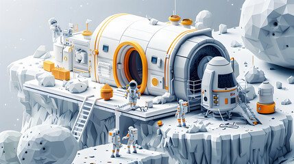 Isometric Scene: Engineers  Astronauts Collaborate on Sustainable Lunar Habitat for Moon Missions   Flat Design Concept