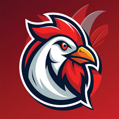 Obraz premium Modern red and white rooster logo design on a red background, A sleek and modern interpretation of a chicken for a logo design