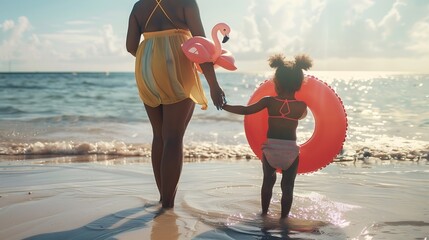 Rear view of young african american woman holding hands of daughter playing with flamingo lifebuoy at beach Lovely bigger sister dancing with cute little female kid wearing inflatable  : Generative AI