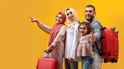 Fototapeta premium Family Travel Concept Happy middle eastern parents with little daughter carrying suitcases and pointing aside at copy space on yellow background mom dad and child ready for vacation pa : Generative AI