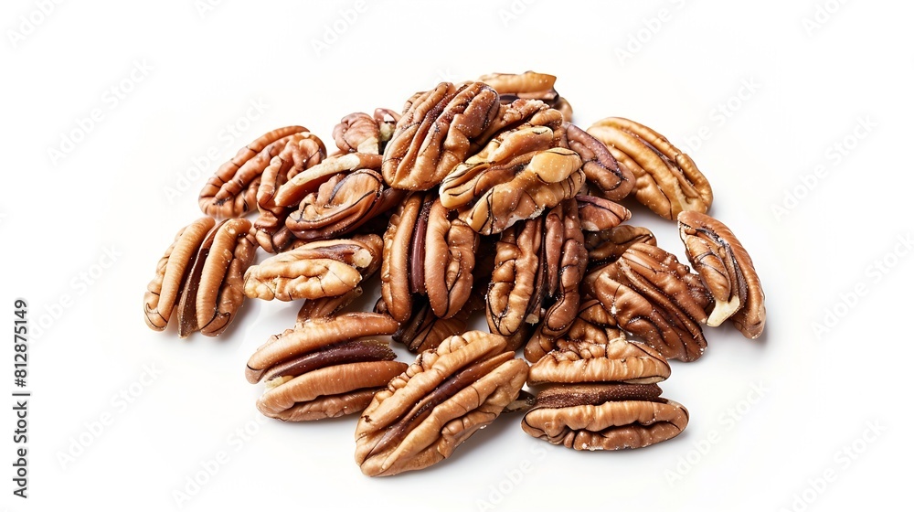 Poster Fresh pecans isolated on white background Nuts scattered Top view Vertical layout  Package design element with clipping path : Generative AI