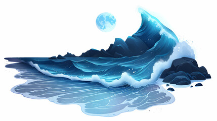 Midnight Glow on the Shore: Waves Crashing in Mystical Blue Moonlight