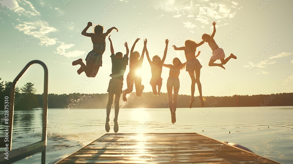 Wall mural group of teenage kids jumping off the dock into the lake together during a fun summer vacation : gen