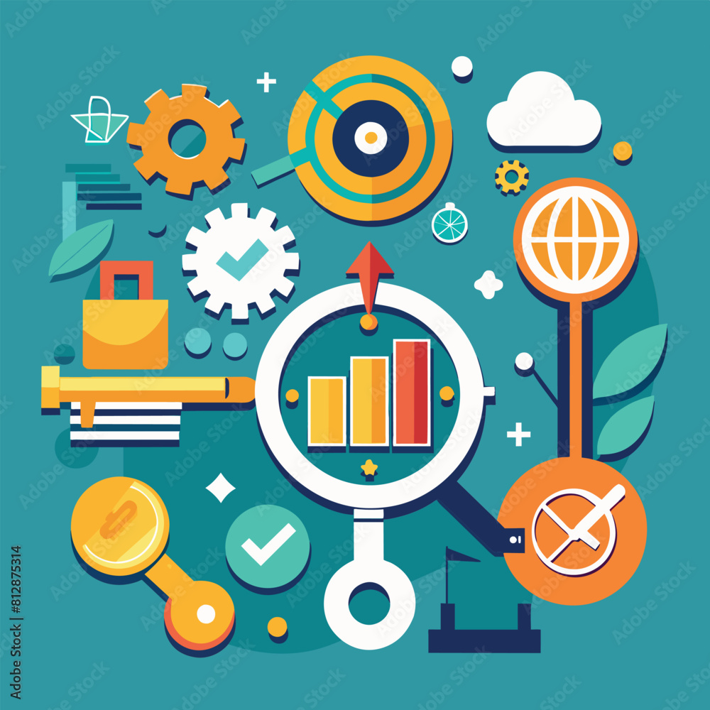 Poster a magnifying glass placed in the center, surrounded by multiple icons representing different concept