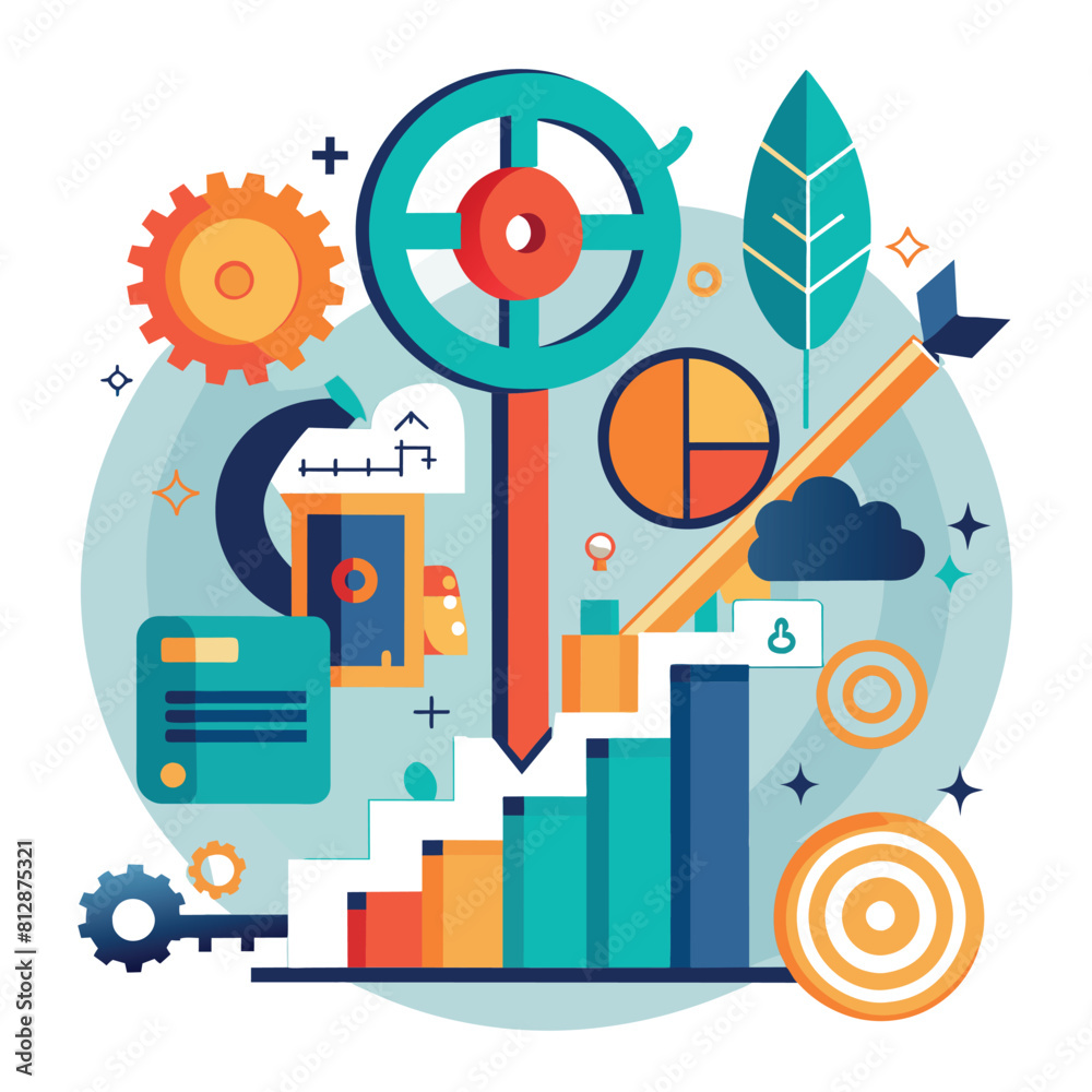 Poster a graphic displaying a bar graph with a clock and various other items for data analysis and time tra