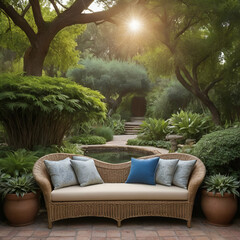 Fototapeta premium Cozy outdoor garden scene featuring a wicker sofa with cushions placed under lush trees and by a small pond. Gardening concept