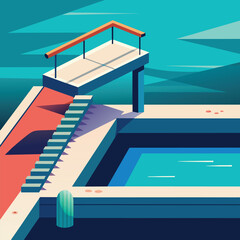 A modern artwork depicting a swimming pool with steps leading into it, showcasing a sleek design and inviting atmosphere, A sleek design featuring a swimming pool with diving board