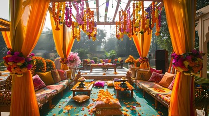 Intricate Mehndi decorations featuring a burst of colorful flowers, adding vibrancy and charm to the ceremonial space - Powered by Adobe