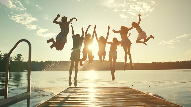 Group of teenage kids jumping off the dock into the lake together during a fun summer vacation : Generative AI