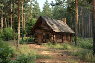 quaint wooden cabin in dense pine forest with sunlit path leading to entrance