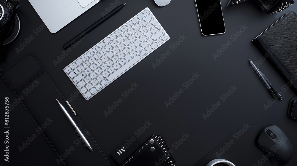 Poster Workplace in office with black desk Top view from above of keyboard with notebook and phone Space for modern creative work of designer Flat lay with blank copy space Business and finan : Generative AI