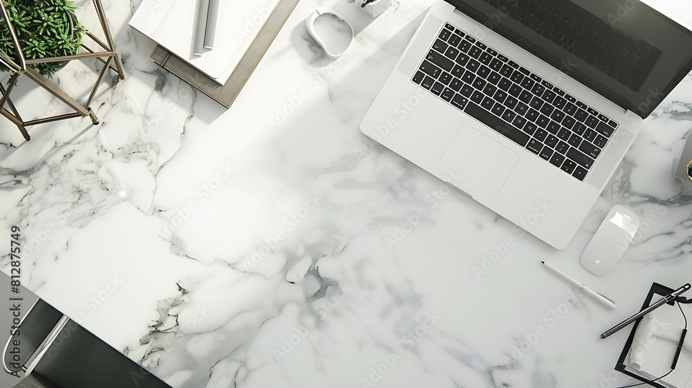 Aufkleber White marble office desk table with laptop computer and supplies Top view with copy space flat lay : Generative AI