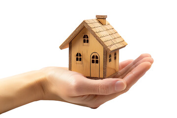 Hand holding a small simple house on isolated transparent background
