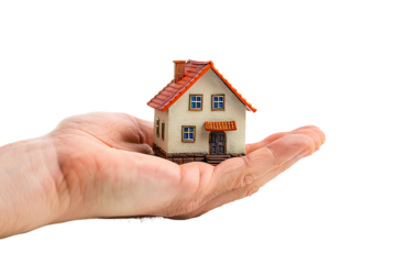 Hand holding a small simple house on isolated transparent background