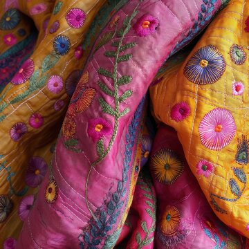 Vibrant kantha stitching on magenta and yellow quilts showcasing traditional Indian craft