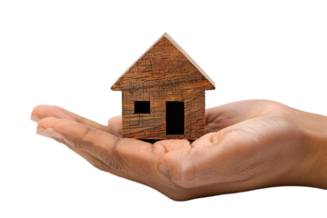 Hand holding a small simple house on isolated transparent background