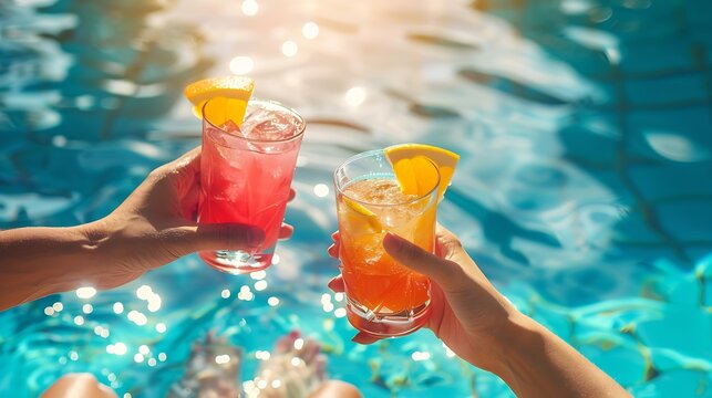 Young hot couple resting at swimpool Picture of mans and womans hands holding cocktails Cool drink with ice inside glass Enjoy summer vacation at swimming pool Resort spa place : Generative AI